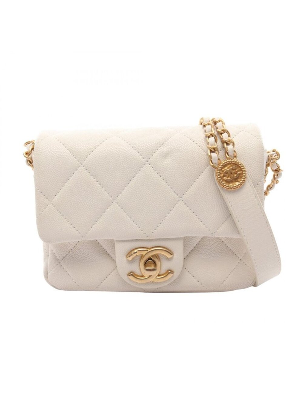 Chanel Shoulder Bag Quilted Mini Flap White Caviar Leather Small Chain